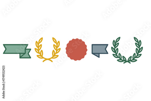Assortment of award ribbons laurel wreaths and seal shapes