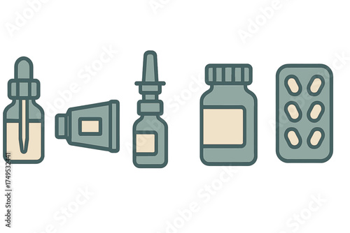 Collection of pharmaceutical packaging icons: dropper bottle, ointment tube, nasal spray, pills, and blister pack