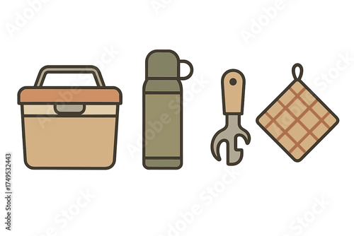 Set of camping and picnic gear icons featuring cooler thermos and bottle opener