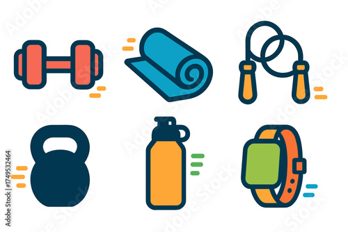 Colorful icons representing fitness and workout equipment for health tracking