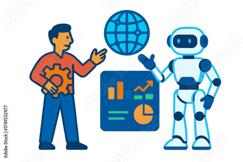 Human and robot discussing global data analysis and business growth