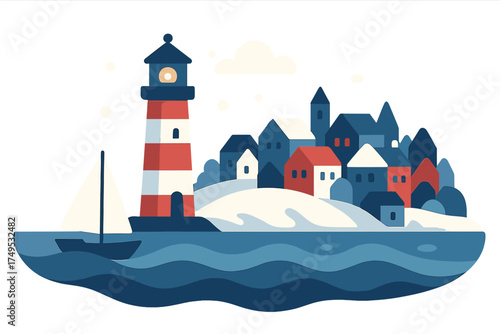 Striped lighthouse overlooking coastal village and sailboat on blue water
