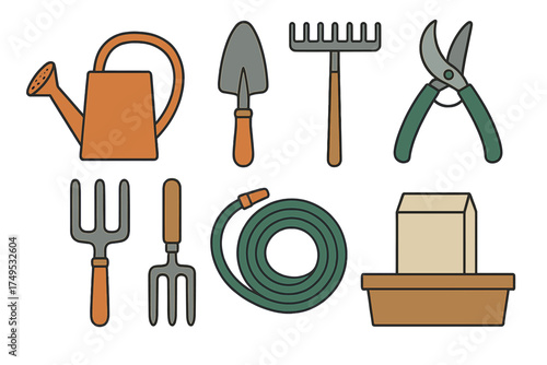 Colorful assortment of essential gardening tools and supplies icons