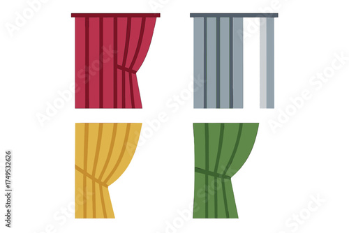 Four colorful drapery and window covering icons showing different opening states