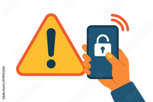 Hand holding smartphone with unlocked security access symbol