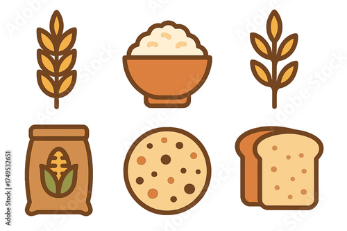 Grain and carbohydrate food icons featuring wheat, rice, flour, and bread shapes