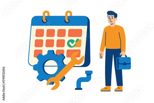Plumber scheduling service appointment with tools and calendar