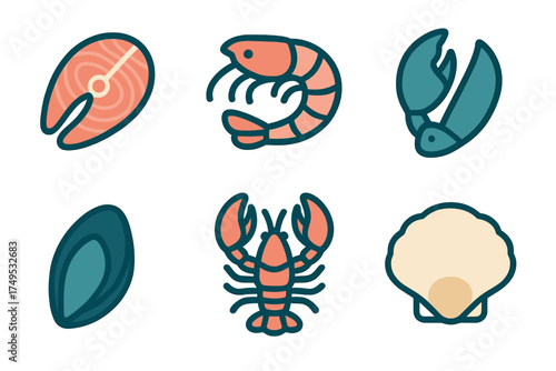 Six stylized icons of seafood including salmon steak shrimp lobster claw mussel and scallop