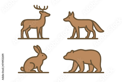 Set of four stylized brown wild animal icons including deer coyote rabbit and bear