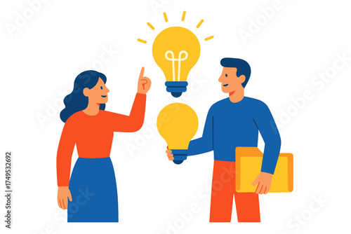 Business professionals sharing bright concepts with glowing light bulbs