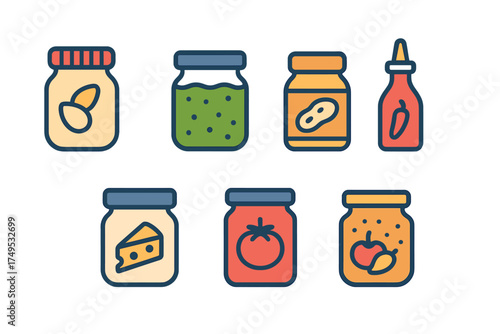 Various preserved food jars and condiment bottles icons set