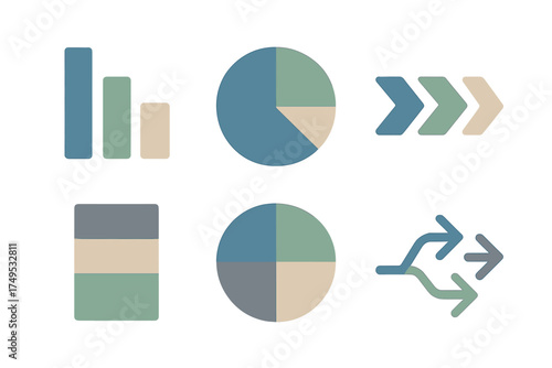 Abstract data visualization icons featuring bar charts and pie charts