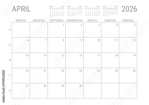 April 2026 Monat Kalender Monatskalender Kalenderblatt Kalendarium mit Kalenderwoche Planer DIN A4 Deutsch	