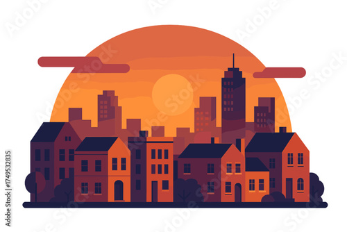 Silhouette of urban residential buildings against dramatic setting sun
