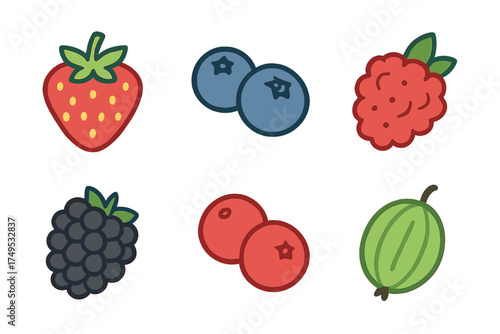 Stylized icons of fresh berries including strawberry, blueberry, raspberry, and gooseberry