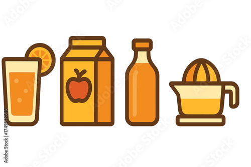 Set of orange and apple juice containers with manual citrus squeezer