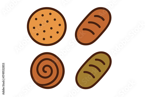 Assortment of baked goods icons including cookie, roll, and bread loaves