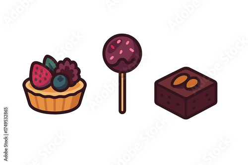 Set of isometric icons for sweet desserts like fruit tart, chocolate pop, and nut brownie