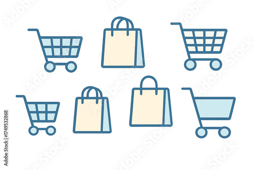 Set of shopping cart and paper bag icons in blue outline style