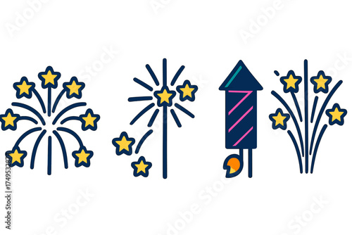 Colorful fireworks set with bursting stars and launching rocket for festive events