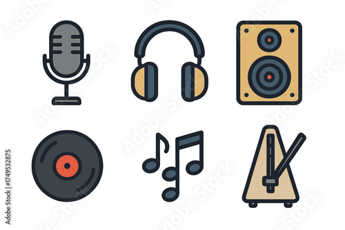 Six colorful audio and music equipment symbols: microphone, headphones, speaker, vinyl, notes, metronome