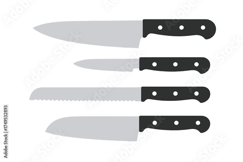 Set of four common kitchen knives including chef's, paring, bread, and utility blades