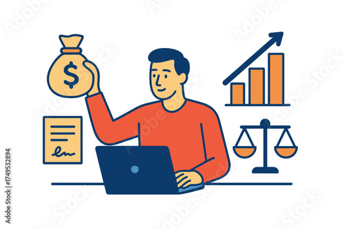 Professional managing finances and legal documentation using laptop, money bag, and growth chart