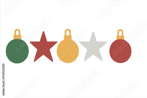 Minimalist festive arrangement of Christmas baubles and stars in traditional seasonal colors