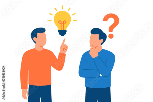 Two people discussing a problem and finding a solution symbolized by a lightbulb and question mark