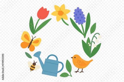Decorative circular frame with colorful spring flowers and garden elements