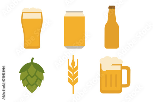 Collection of beer containers and ingredients including pint glass mug bottle can hop cone and wheat ear