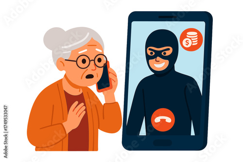 Elderly woman talking on a smartphone receiving a fraudulent call from a masked scammer