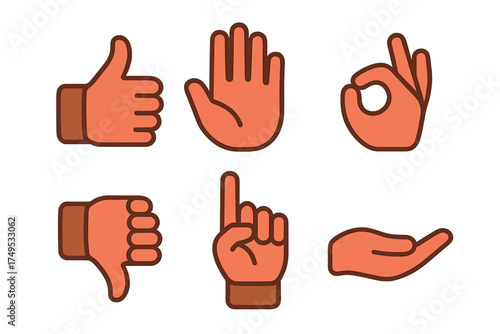 Six common human hand gestures and communication symbols in modern flat design