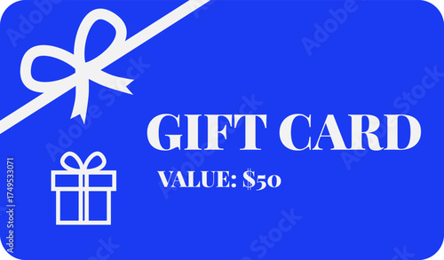 Gift card, loyalty card. Blue gift card with a white bow and a gift. Vector illustration.