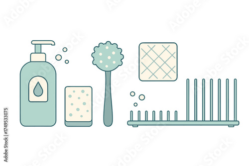 Kitchen cleaning supplies set with dish soap bottle, scrubbing sponge, brush, and drying rack