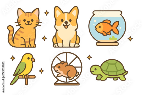 Adorable domestic pets set featuring cat dog goldfish parrot hamster and turtle characters