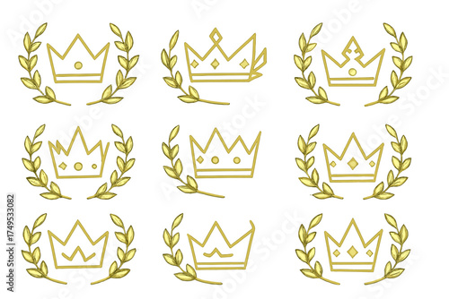 Golden outline crowns collection surrounded by laurel wreaths on white background
