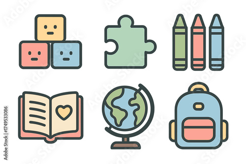 Colorful school supplies and learning icons set: blocks, puzzle, crayons, book, globe, backpack