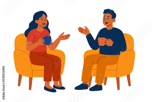 Man and woman sitting in armchairs having a friendly discussion over coffee