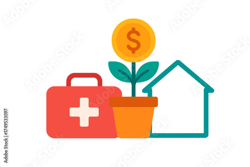 Visual icons representing financial growth, health care, and home protection concepts