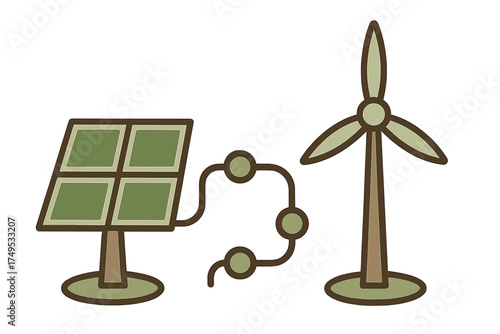 Solar panel and wind turbine connected together representing renewable energy sources