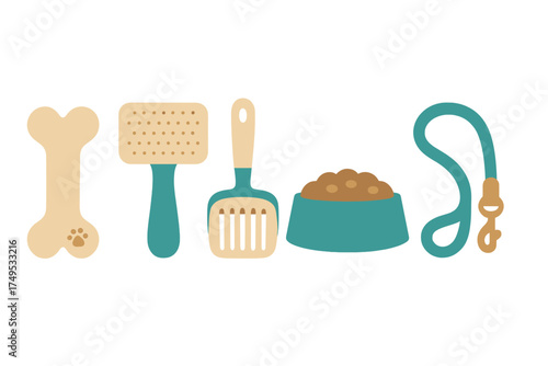 Dog care supplies set with bone toy, grooming brush, food bowl, and walking leash