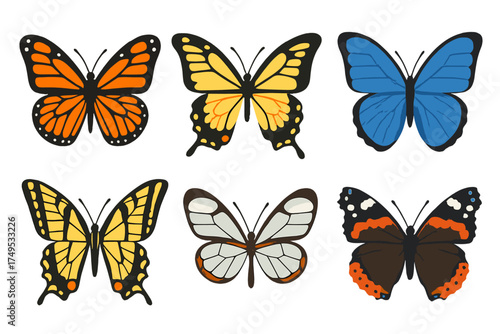Set of six colorful butterflies featuring various species like monarch and swallowtail