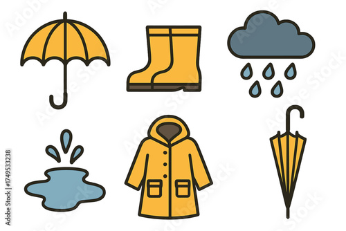 Yellow rubber boots, raincoat, umbrella, and rain cloud for wet autumn weather