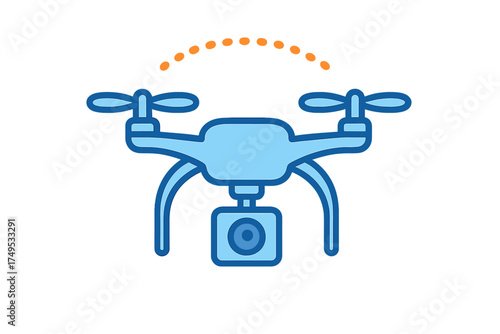 Stylized blue quadcopter drone with camera flying in the sky showing wireless signal dots