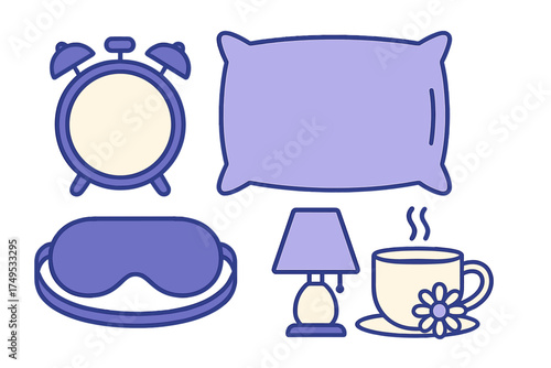 Bedtime and morning routine objects set including alarm clock, pillow, sleep mask, lamp, and hot beverage cup