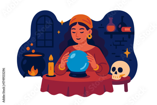 Mysterious woman predicting future using glowing crystal ball and occult symbols