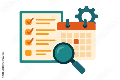 Business planning and scheduling with checklist, calendar, magnifying glass, and settings gear