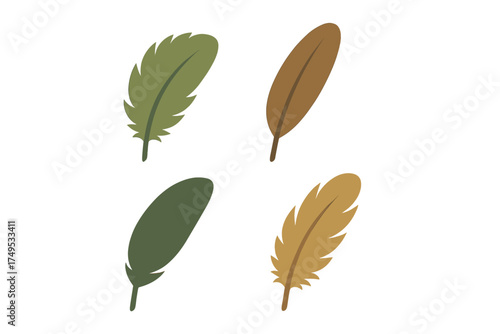 Set of four stylized feathers in natural earthy colors arranged simply on a white background