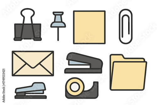 Essential office supplies collection featuring binder clip, pushpin, stapler, envelope, and file folder icons